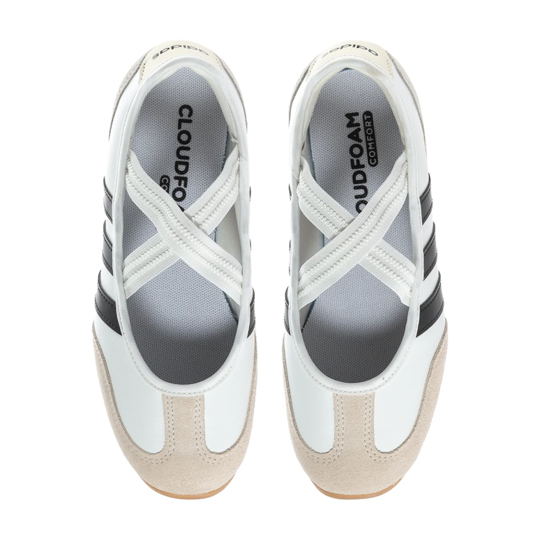 adidas White & Black Cross-Strap Ballet Flats with Gum Sole