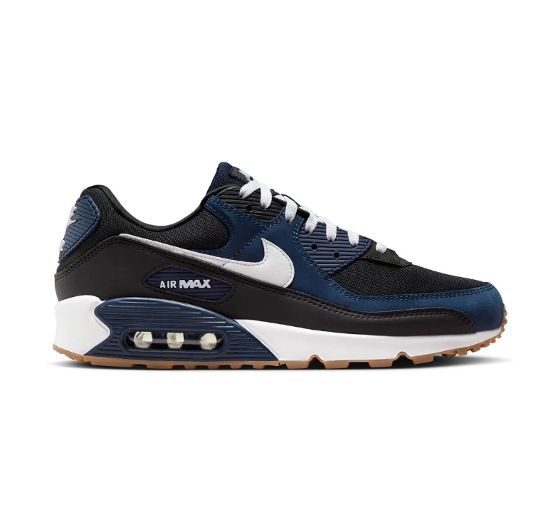 Nike Air Max 90 Navy & Black Sneakers with White Swooshes & Gum-Colored Sole