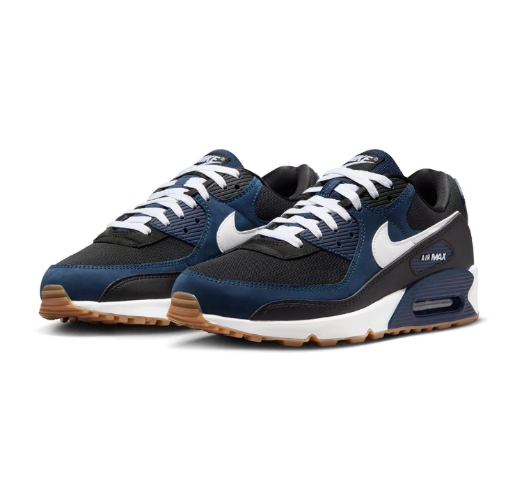 Nike Air Max 90 Navy & Black Sneakers with White Swooshes & Gum-Colored Sole