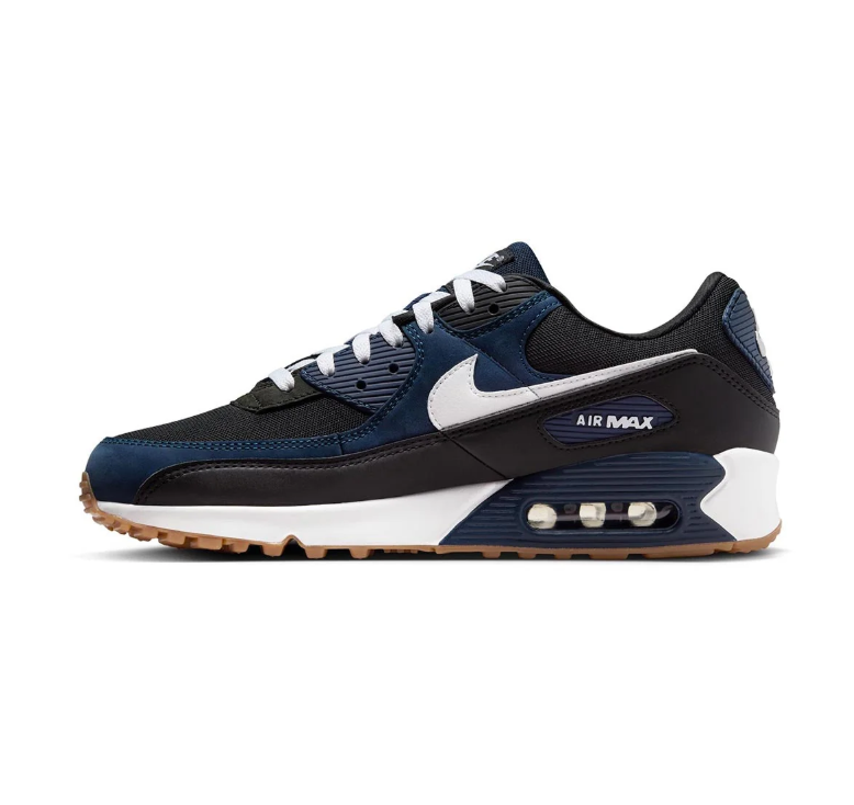 Nike Air Max 90 Navy & Black Sneakers with White Swooshes & Gum-Colored Sole